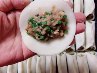 10、韭菜锅贴,准备好饺子皮，包入肉馅。