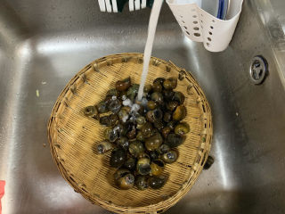 4、爆炒田螺肉,剪掉尾巴后用清水反复清洗，用刷子把每一个刷干净