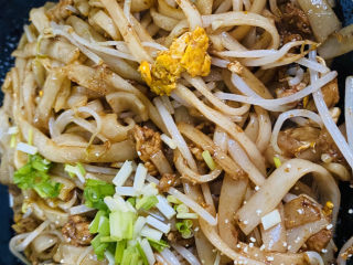 12、瘦肉炒河粉,撒上葱花，放入半勺鸡粉调味。