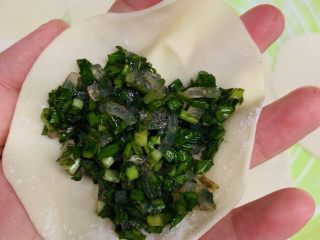 19、韭菜粉丝蒸饺,取个皮放入馅料。