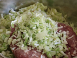 10、猪肉白菜水饺,切好的葱花和姜末加入，这两个都是可以起到去腥的作用的，葱花还能增加香味。