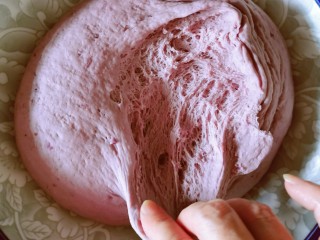 6、紫薯玫瑰花馒头,这是发酵好的样子  有了蜂窝状的小孔洞。