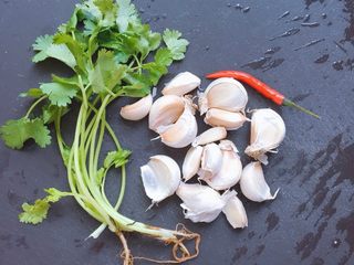 3、蒜蓉粉丝烤花甲,准备香菜,蒜头,辣椒(蒜头尽量多一点)