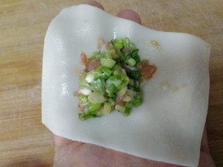 10、酸辣馄饨,四周抹上清水，中间放入适量馅料。(同时烧水)