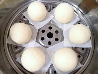 14、山药馒头,蒸锅内放水，篦子上铺上油纸，放上做好的山药馒头生胚，盖上锅盖二次发酵10分钟左右，凉水上锅，上汽后转中火蒸15分钟关火，焖5分钟左右出锅。