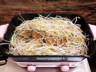 8、鲈鱼焖豆芽,水煮开时,把豆芽菜都倒入锅中,围在鲈鱼的周边