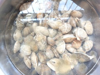 1、花蛤粉丝煲,花蛤放入盆中加入适量的水，加入少许盐和香油，泡20分钟，使其吐出泥沙。