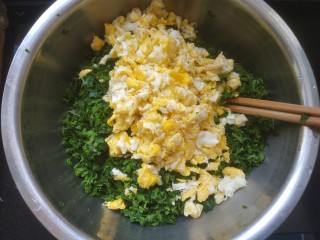 8、香椿鸡蛋馅饺子,把香椿鸡蛋放入盆中，多放些植物油，适量盐