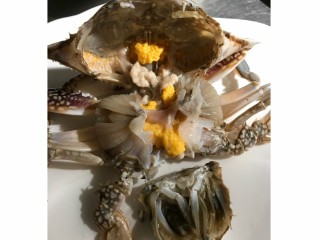 2、螃蟹炒年糕,将梭子蟹洗净，用牙刷刷去缝隙中的污垢后如图拨开