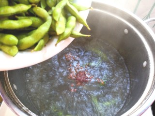 8、香辣毛豆,烧开水后,下入花椒大料,盐,再倒入毛豆煮5分钟