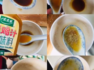 5、广式煎扒虾胶酿西兰花,兑料汁：碗中加入生抽0.5汤匙、料酒1汤匙、鸡汁0.5汤匙、胡椒粉0.5个、糖1g、清水1汤匙搅拌均匀