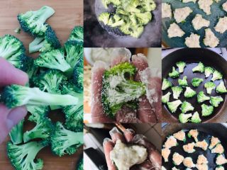 6、广式煎扒虾胶酿西兰花,西兰花切厚1厘米的片放入开水中焯烫半分钟控干水分，西兰花沾少许淀粉，把虾胶均匀涂抹在西兰花上，平底锅放少许油将虾胶面朝下小火煎制微黄，翻面略煎出锅备用