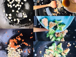 7、广式煎扒虾胶酿西兰花,炒锅加少许油，爆香蒜粒呈微黄色下入葱花、胡萝卜粒炒香烹入料汁倒入煎好的虾胶西兰花大会快速翻炒，待无多余汤汁即可出锅