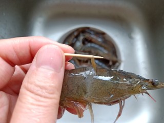 4、白灼大虾,用牙签在虾头位置挑出虾线【去除虾腥味的第一个窍门】