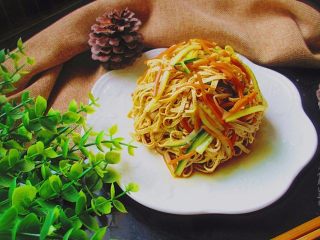 15、凉拌豆腐皮,搅拌好的凉菜，就可以装盘，如果家里有香菜的，还可以放上香菜一起食用