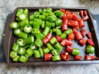 6、香辣鸡胗,把辣椒分别切成辣椒粒备用