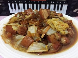 5、猪肉白菜炖粉条,加入适量盐翻炒片刻，美味的猪肉白菜炖粉条快来品尝吧。