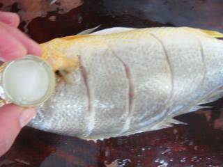 3、清蒸黄鱼,白酒均匀的抹在鱼身上