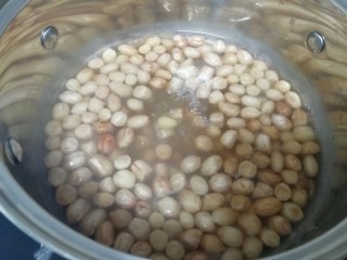 3、泡椒柠檬花生鸡爪,泡好的花生米加半勺盐放锅里煮15-20分钟。
