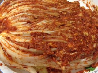 9、辣白菜,如图把调好的料抹到每一片白菜叶里，都要细细抹到