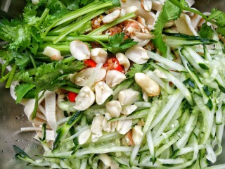 15、凉拌千张,放入黄瓜丝、香菜、花生碎，