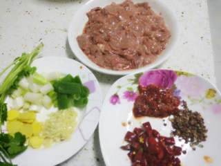 3、水煮牛肉,姜切片,蒜切末,大葱切小段,干辣椒切段,豆瓣酱炖细备用。