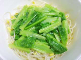 4、水煮牛肉,将黄豆芽和莴笋分别焯水后沥干水份,将黄豆芽摆放汤碗底部,上面放莴笋。