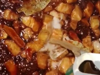 7、啤酒五花肉,然后加葱姜，桂皮，八角，香叶，花椒，生抽，耗油，老抽上色，再倒入一斤啤酒