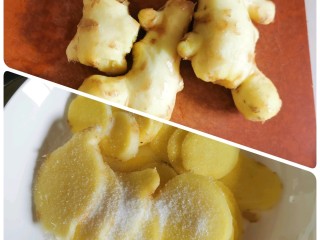 2、一只有故事的猪手【白云猪手】,姜去皮弄干净切片，用2勺盐腌一下，这样子做姜会没那么辣，会更爽口。