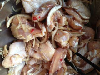 4、鲜菇鸡翅,如图加入腌好的鸡翅，切好的辣椒粒，再加入2汤匙蚝油搅拌均匀。