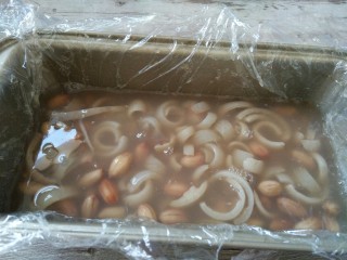 12、#猪年#花生猪皮冻,一个模具铺保鲜膜，等到猪皮放到不是很烫的时候倒进去