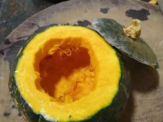 2、糯米南瓜盅,南瓜切开一个盖，挖出南瓜瓤