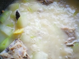 8、排骨冬瓜汤,这时冬瓜熟透,变得微透明,放适量的盐,再盖锅盖关火焖5分钟