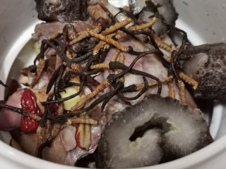 4、海参虫草炖水鸭【内附海参泡发方法】,所以食材放进炖盅，加入小许米酒。