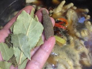 11、秘制鸡爪,加入香叶和桂皮。