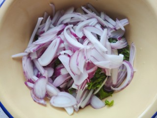 13、手撕鸡胸肉,加入洋葱