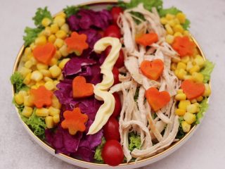 12、鸡胸肉时蔬沙拉,最后挤上沙拉酱，搅拌均匀就可以食用了，我是为了拍照好看，所以没搅拌。