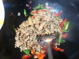 9、双椒爆孜然羊肉,倒入炒好的羊肉撒上适量盐，炒匀关火，放入香菜再炒匀就装盘了