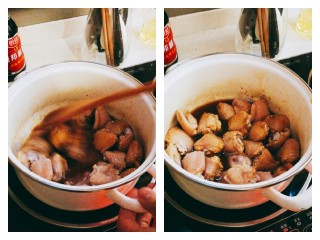 4、四杯鸡,锅热后加入准备好的肌肉，按照肉的实际份量调整酱汁的量（适量浸没即可），让鸡肉均匀分布