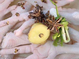 3、无骨鸡爪,八角,花椒和料酒煮,去腥