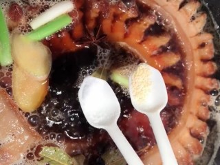 9、啤酒五花肉,适量清水没过五花肉，放入葱姜，八角，桂皮，香叶，生抽，老抽，耗油，盐，鸡精调味