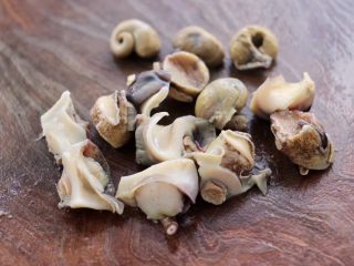 7、温拌海螺,把煮熟的海螺取出海螺肉,用刀切块。
