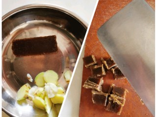 5、十年陈皮扣肉（回味无穷）,把冰片糖分切开，方便融化。