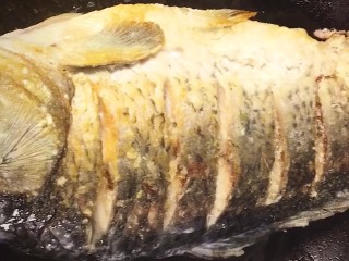 3、啤酒鲤鱼,下锅煎至两面金黄