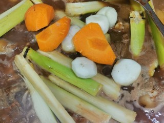 7、广式炆羊肉,加水浸过羊肉面，放入竹蔗，马蹄，红萝卜，加盖大火煮滚，中小火炆1小时左右。（按个人喜好和羊肉皮的厚薄增减时间）