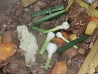 9、广式炆羊肉,火候够，羊肉炆好调味，加入腐竹青蒜，再煮5分钟。