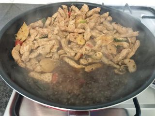 19、无肉不欢+麻辣猪肉条,炒至猪肉出来很多水，把这些水倒掉，开中小火继续煸炒，直至水分完全收干（这一步很重要，*猪肉干和牛肉干好吃不柴的原因就是这一步*），