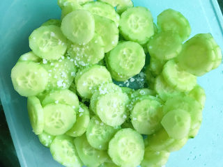 5、蒜泥黄瓜,放入容器中，加盐拌匀腌制一会儿