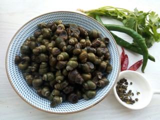 1、下酒菜【酱爆螺蛳】,先来准备螺蛳跟配料(花椒,干辣椒,香菜,青辣椒少许)我买的是商家养好的螺蛳,如果是买来的螺蛳没有养过,那螺蛳放入盆中,先用清水洗几遍,再加入2勺食盐,把螺蛳泡在盐水里,由于盐分的刺激,螺蛳会拼命的吸水、吐水,再清洗就会很干净。