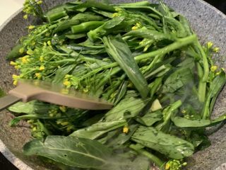 4、高汤简易版炒芥兰,放入芥兰，翻炒均匀